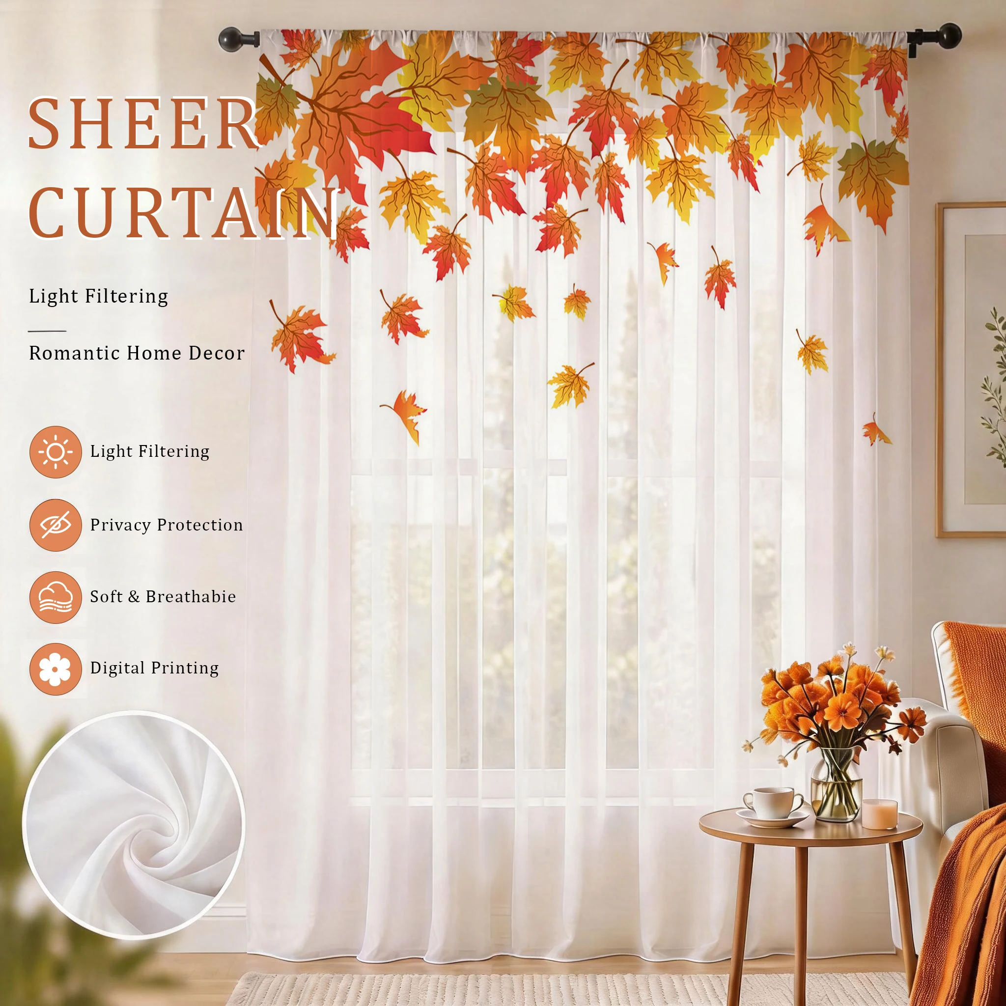 Curtain Sheer Voile - 단풍잎 모던 그라데이션 시어 커튼, 거실/침실/아이방용