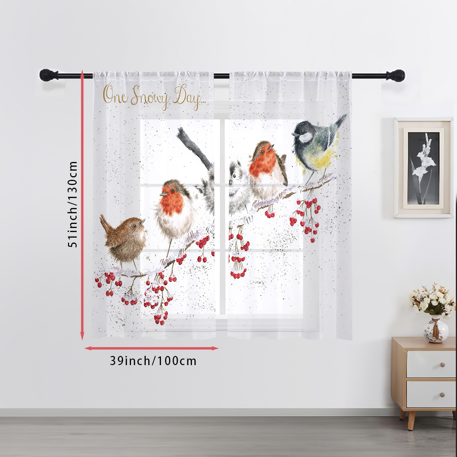 2PCS 쉬어 커튼 겨울 새 레드 베리 브랜치 수채화  - Curtain Sheer Voile 리뷰 및 가격