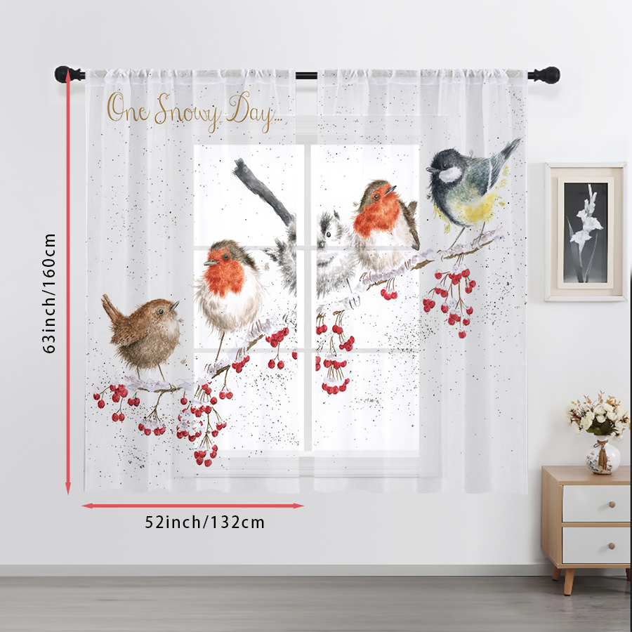 2PCS 쉬어 커튼 겨울 새 레드 베리 브랜치 수채화  - Curtain Sheer Voile 리뷰 및 가격