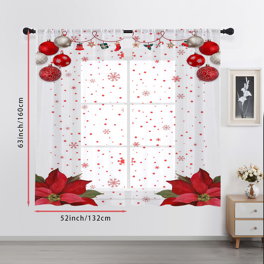 2PCS 시어 커튼 크리스마스 레드 볼 눈송이 포인세티 - Curtain Sheer Voile 리뷰 및 가격