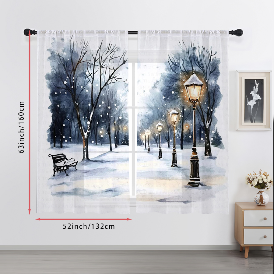 2PCS 쉬어 커튼 겨울 눈길 가로등 벤치 수채화 프린 - Curtain Sheer Voile 리뷰 및 가격