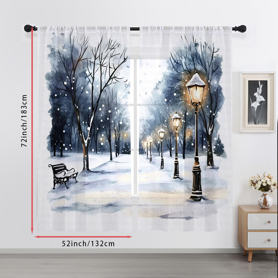 2PCS 쉬어 커튼 겨울 눈길 가로등 벤치 수채화 프린 - Curtain Sheer Voile 리뷰 및 가격