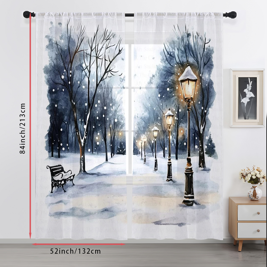 2PCS 쉬어 커튼 겨울 눈길 가로등 벤치 수채화 프린 - Curtain Sheer Voile 리뷰 및 가격