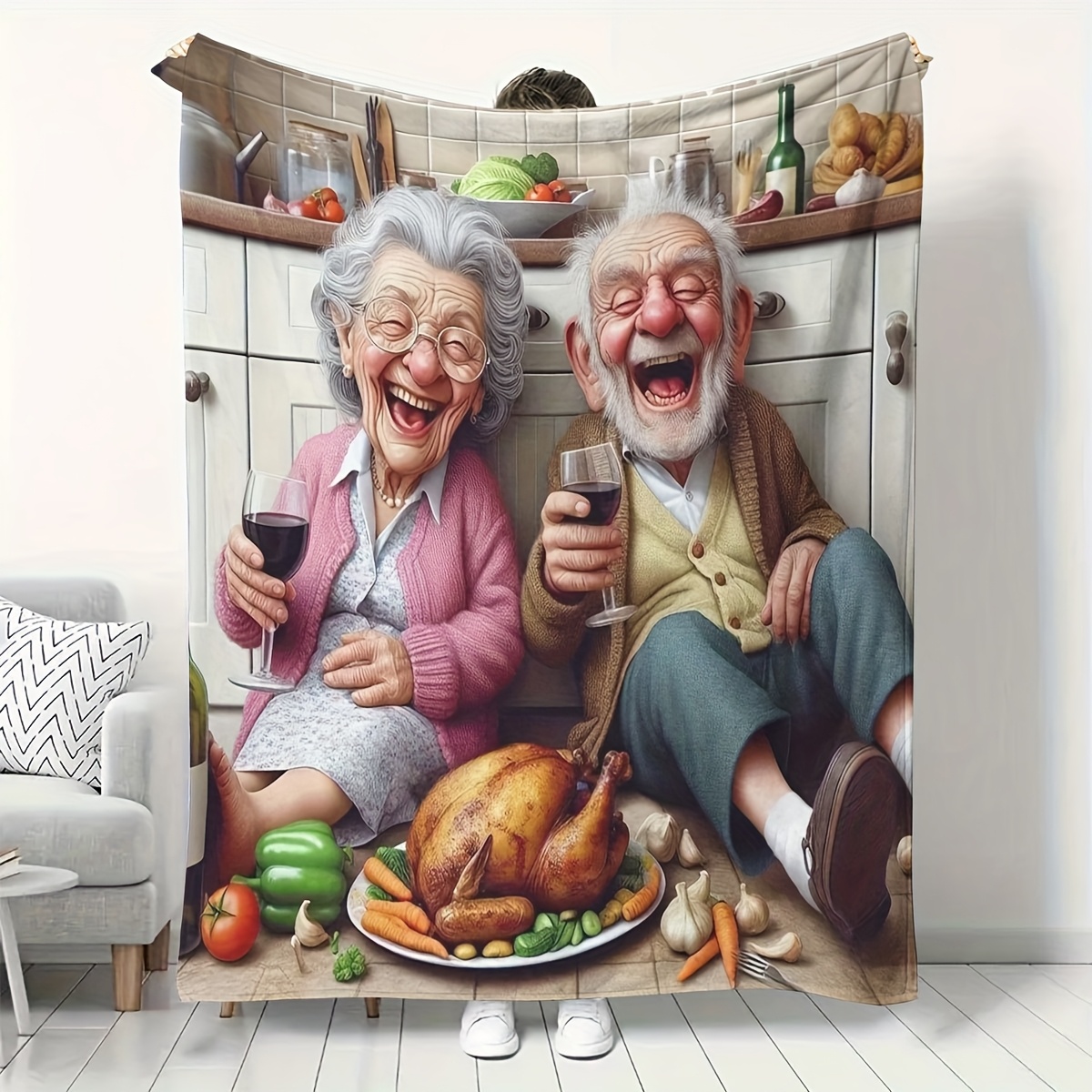 재미있는 만화 노부부가 칠면조 요리와 레드 와인을 즐기 - Home Textiles Turkey 리뷰 및 가격