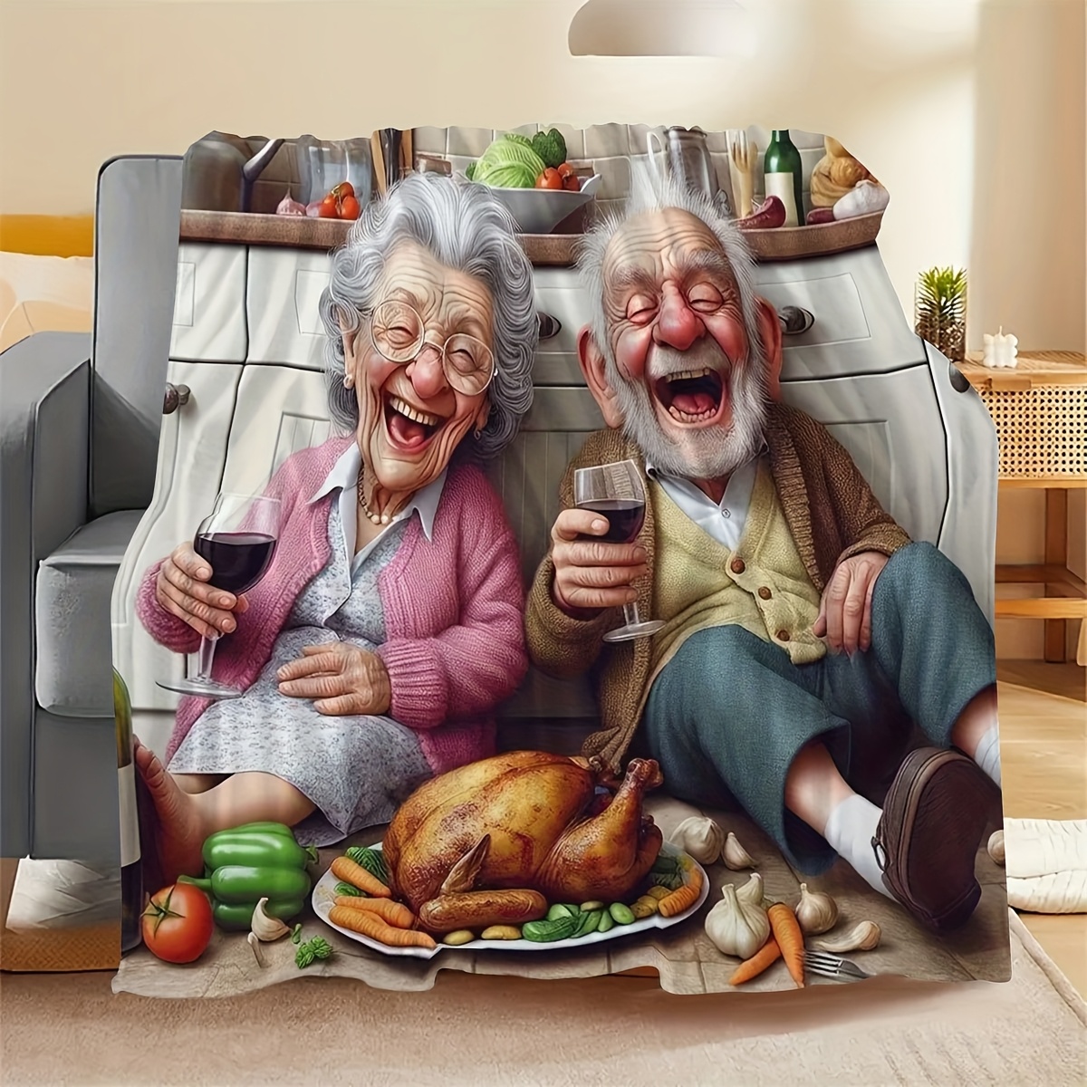재미있는 만화 노부부가 칠면조 요리와 레드 와인을 즐기 - Home Textiles Turkey 리뷰 및 가격