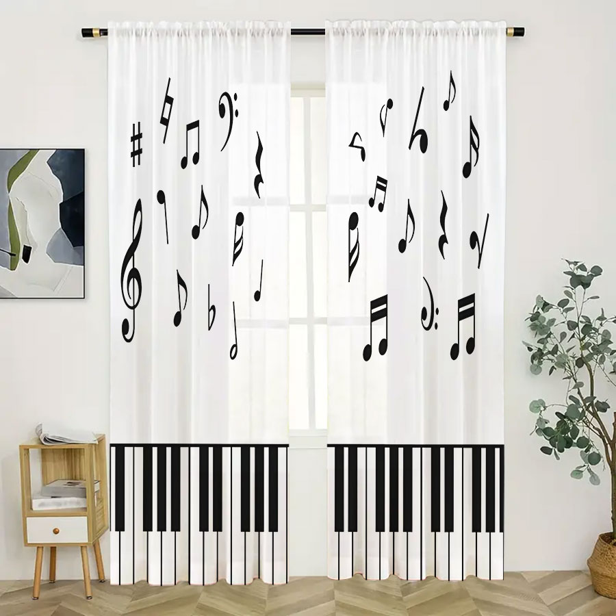 2PCS 디지털 프린트 시스루 커튼, 피아노 음표, 우 - Curtain Sheer Voile 리뷰 및 가격