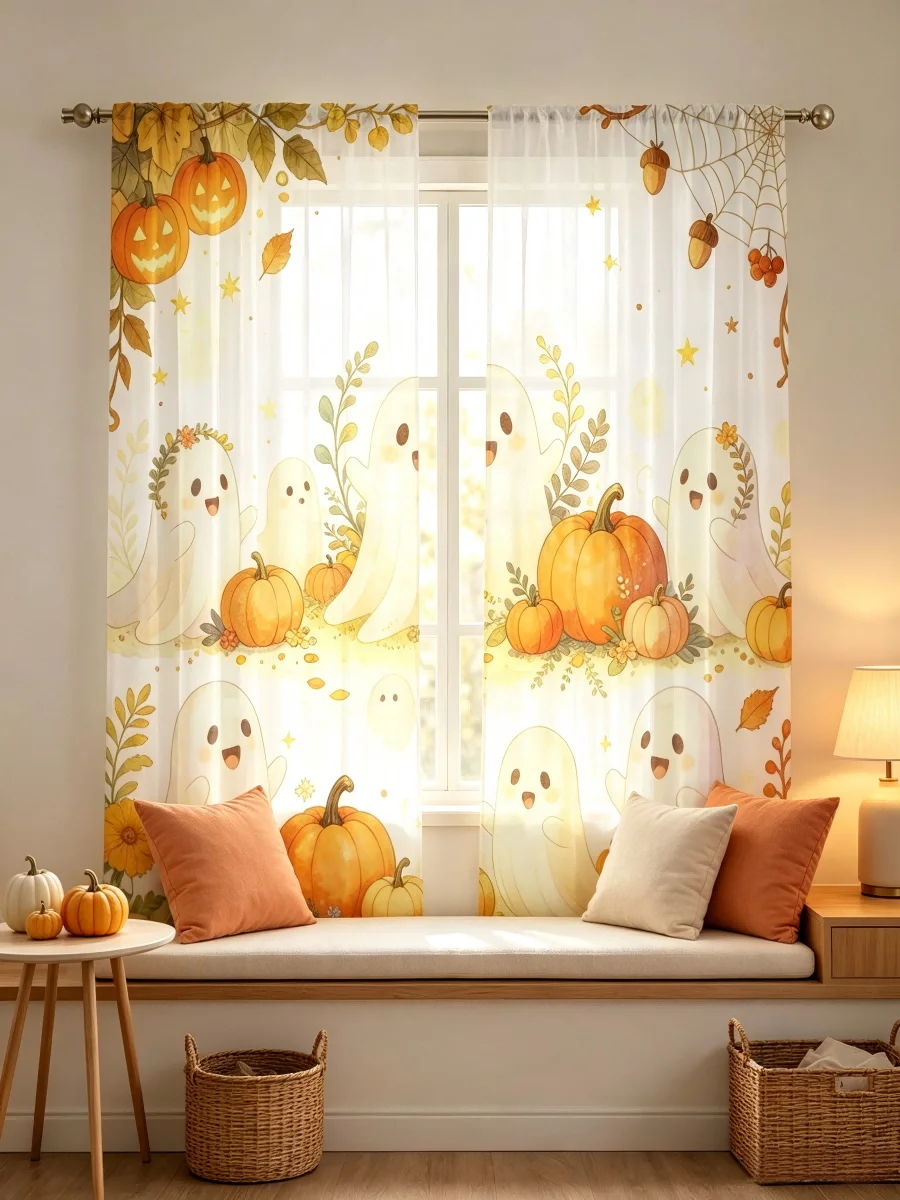 2PCS 디지털 프린트 시스루 커튼, 수확의 유령, 가 - Curtain Sheer Voile 리뷰 및 가격